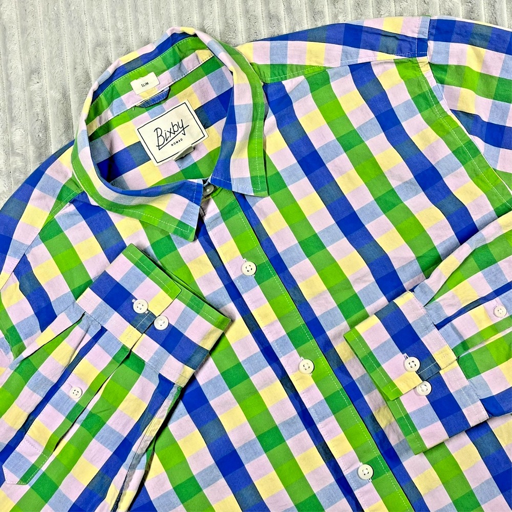 Bixby Nomad Slim‎ Men's Large Tall Button Up Long Sleeved Shirt Blue Green Plaid